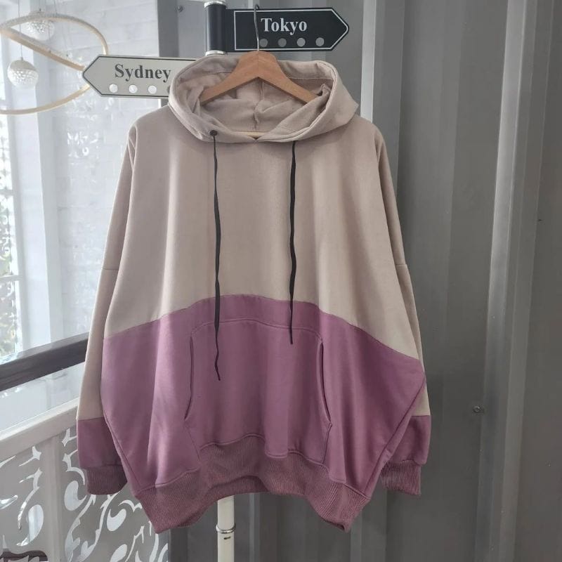 BATWING JUMBO 2TONE NATURAL HOODIE OVERSIZE - SWEATER HOODIE COMBINASI KOREAN STYLE