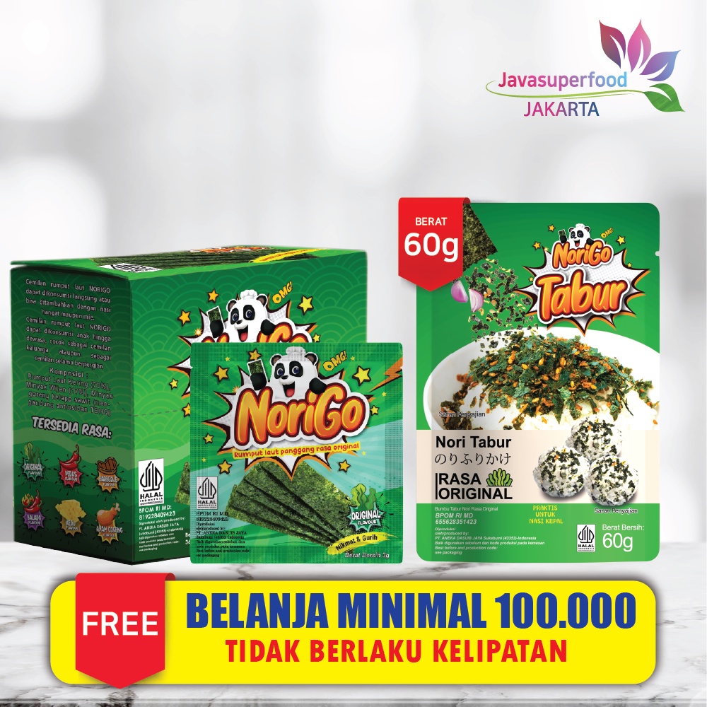 Norigo (1 BOX ISI 12 PCS) / Nori Sachet Seaweed Snack 3g Rumput Laut Halal Rasa Original