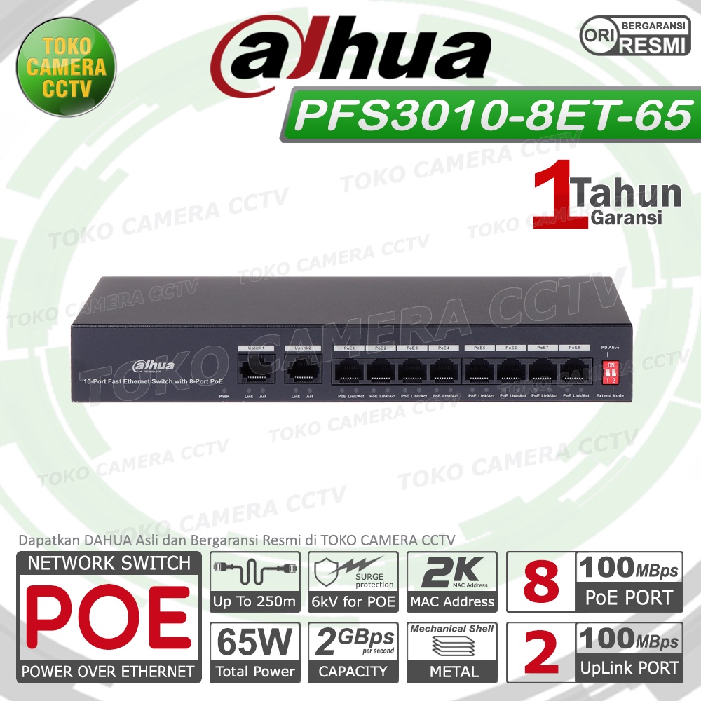 SWITCH POE 8 PORT DAHUA DH-PFS3010-8ET-65