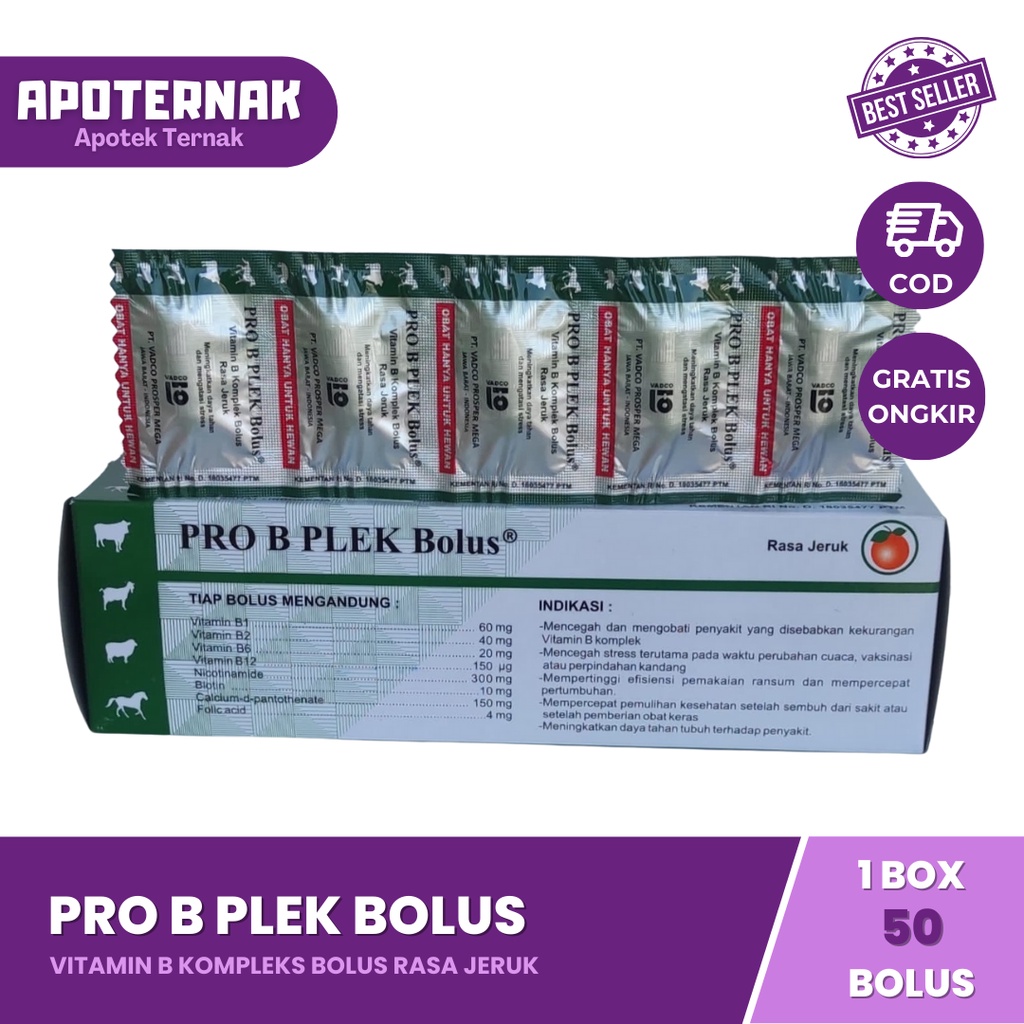 PRO B PLEK 1 Box Isi 50 Bolus | Vitamin B komplek Untuk Meningkatkan Daya Tahan dan Mengatasi Stres Pada Hewan Sapi Kambing Domba Kuda | VADCO | Apoternak