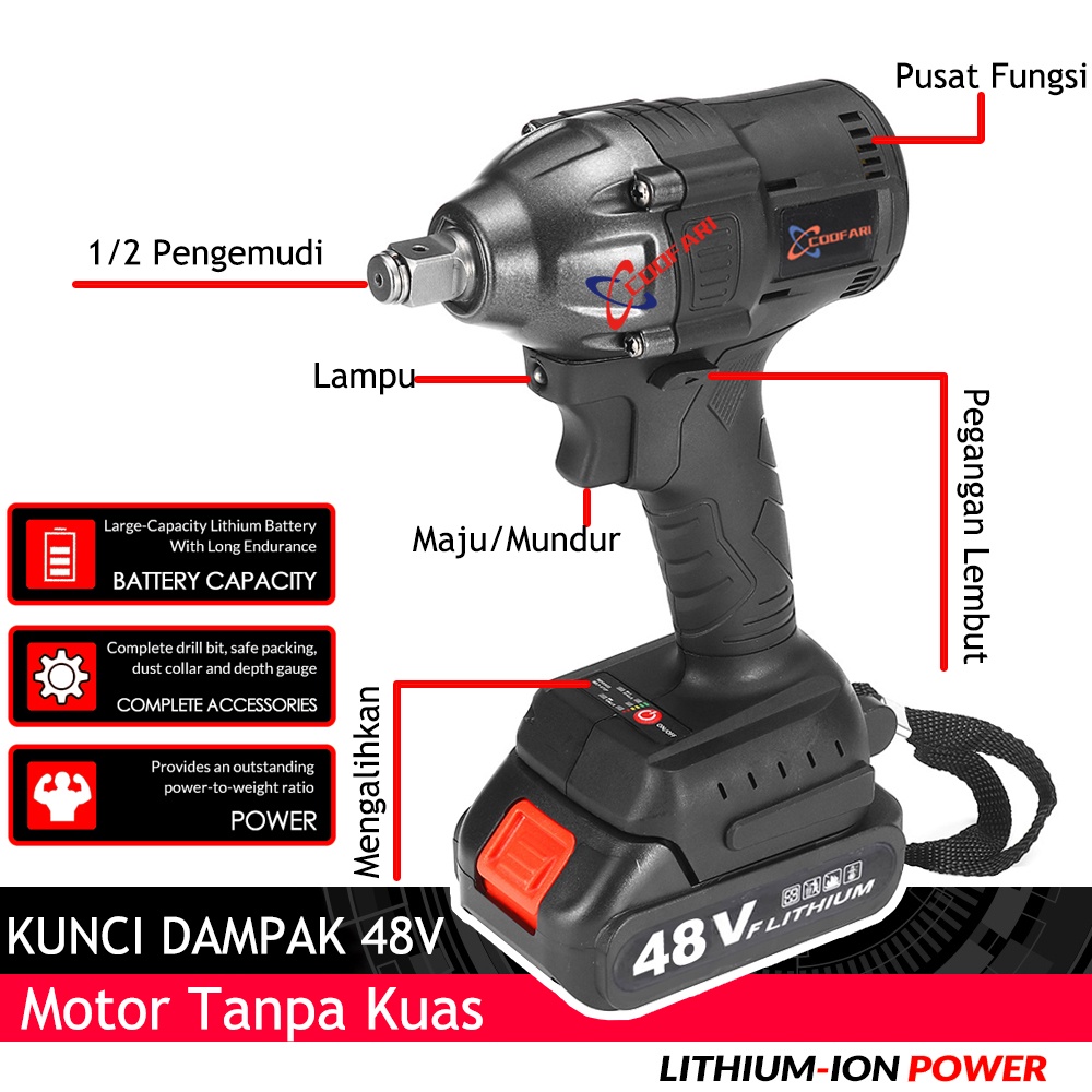 Cordless impact wrench 48V 23000mAh mesin buka tutup baut 48volt impek impak impect wrench