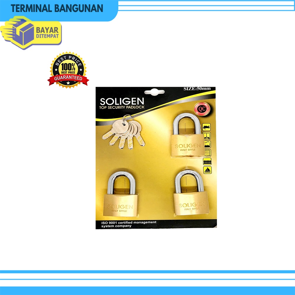 Gembok Master Key SOLIGEN 3 pcs Kuningan 40 50 60 mm Komputer Padlock