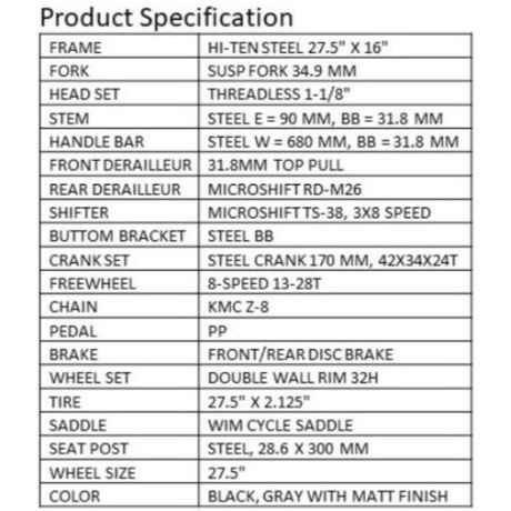 *Free Rakit* MTB/Sepeda Gunung Wim Cycle Falcon 27.5 inch DB 24 SPD - Hitam