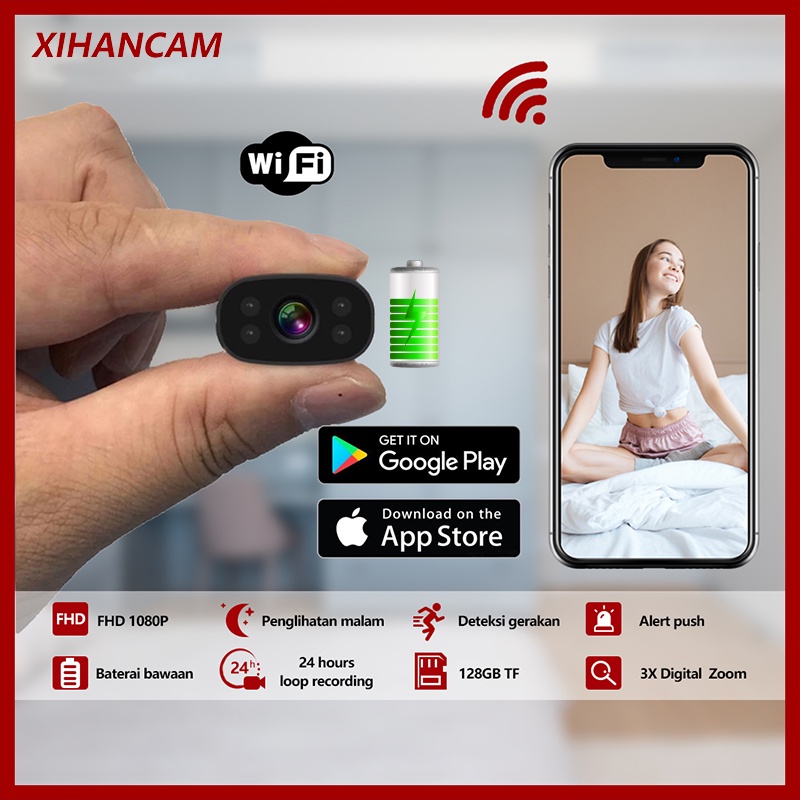 XIHANCAM Spy Camera Mini Wifi Baterai Internal FHD 2MP Kamera Cctv Mini Tersembunyi Tanpa Kabel Security Cameras Hidden Camera Pengintai Mini Kamera Kecil Tersembunyi Tanpa Wifi Ip Camera Cctv Wifi Spy Cam Kamera Pengintai Mini With Night Vision