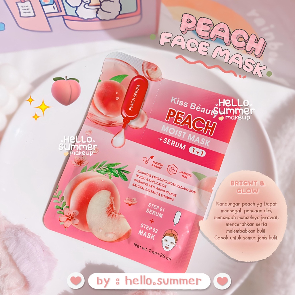 KISS BEAUTY-Collagen Peach Aloevera Sheet Mask Masker Wajah + Serum Bright &amp; Glow Instant Kiss Beauty