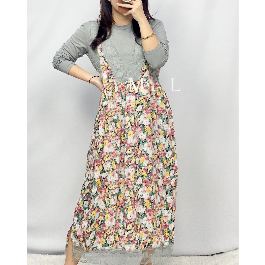 Dress Ramossa Midi Dress Korean Style Motif Bunga Lengan Panjang Import