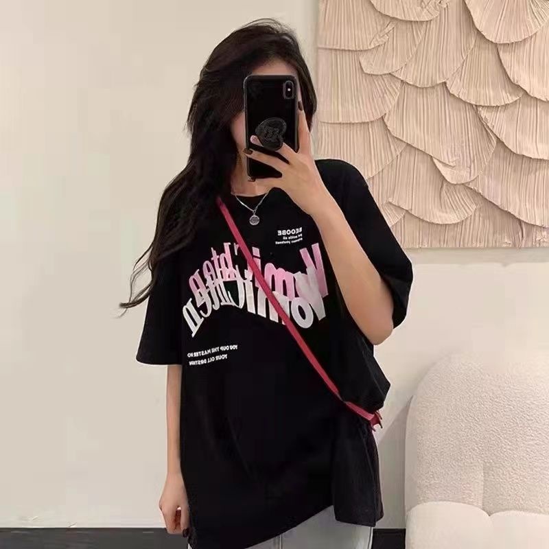 Red T-shirt katun 100% lengan pendek wanita leher bulat versi Korea dari temperamen manis huruf longgar musim panas pasang nasional mode pasang teratas