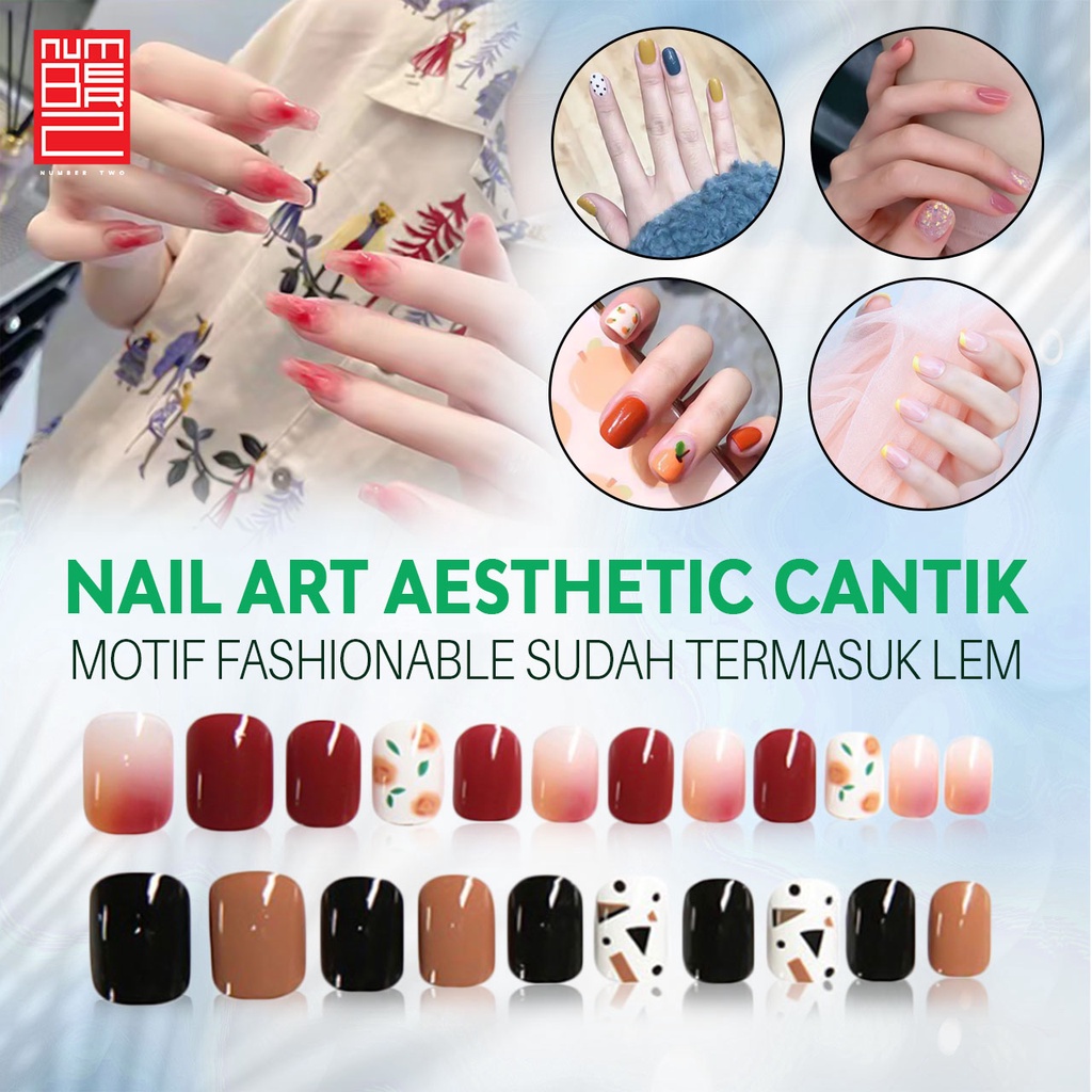 Kuku Palsu dan free lem cair ukuran nails cantik lucu gemes anak remaja panjang pendek oval tempel lepas pasang motif cute glossy aesthetic estetik gradasi doff matte warna nude polos nails cantik lucu gemes anak remaja