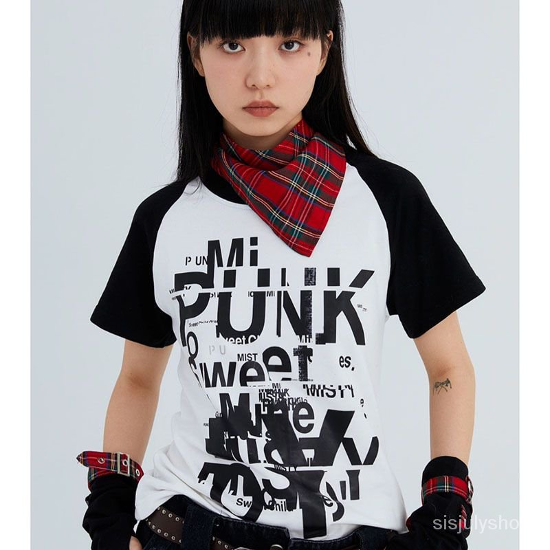 [✅BISA COD] #Sisjuly# Atasan Y2K Wanita / Gadis Mawar Hitam dan Putih Lengan Pendek Disambung / Kaos