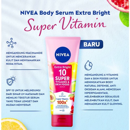 NIVEA Extra Bright Body Serum 10 Super Vitamin &amp; Skin Food + Niacinamide SPF15 180mL | Menyamarkan Flek Hitam dalam 7 Hari