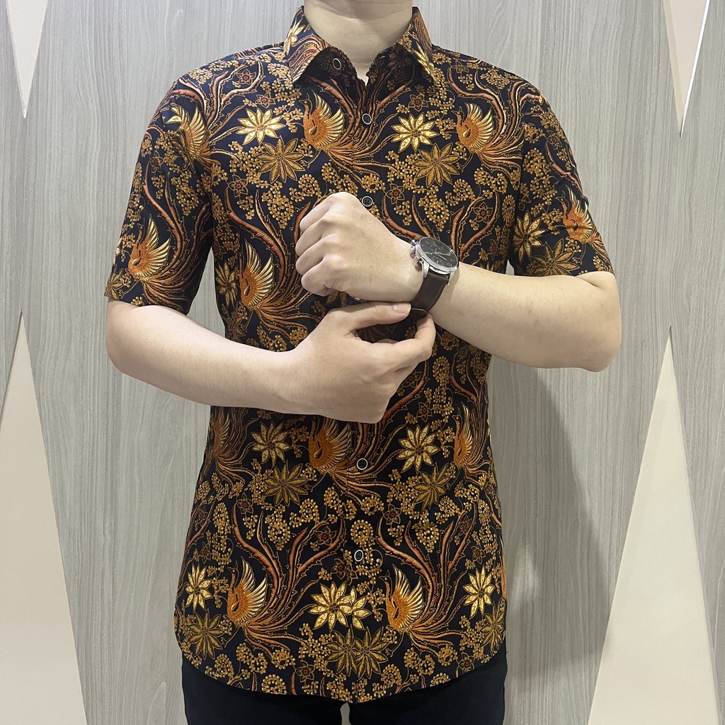 [GRIDLINE - S277 Bronze Brown &amp; S345 Dark Navy - Midnight Black] Kemeja Batik Slimfit Pria Katun Lengan Pendek Motif Keren Adem Bagus Murah Menyerap Keringet Elegan Kantor Kerja M-XL