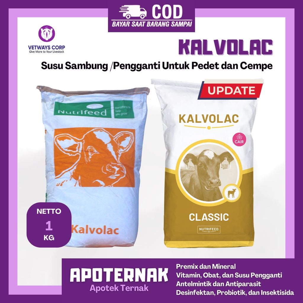 KALVOLAC 1 kg Anti Diare | Susu hewan Pengganti Susu Sambung Induk Sapi Kambing Domba Anti Mencret | Susu hewan Pedet Cempe | Master Lac, Vetways Lac | Apoternak