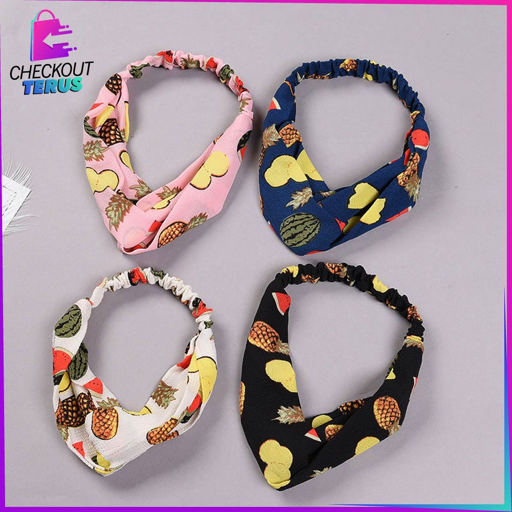 CT C64 Bando Wanita Korean Style Model Turban Karet Bahan Kain Motif Buah Bandana Simpul Kekinian Import