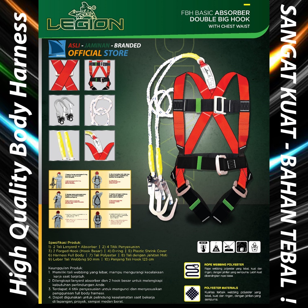 Tali Keselamatan Safety Webbing TANGGUH - Full Body Harness Double Big Hook + Chest Waist + Absorber LEGION