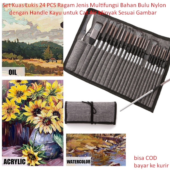 

Set Kuas Lukis 24 PCS Ragam Jenis Multifungsi Bahan Bulu Nylon dengan Handle Kayu untuk Cat Air Minyak Sesuai Gambar