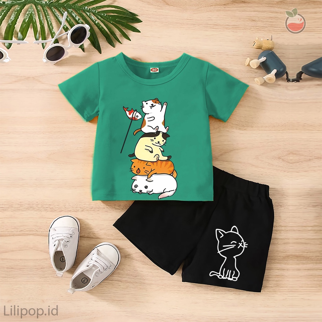 Baju Anak Stelan Kaos 3/4  CAT DOG Cowok Cewek  Usia 1 - 4 Tahun Celana Pendek Harian