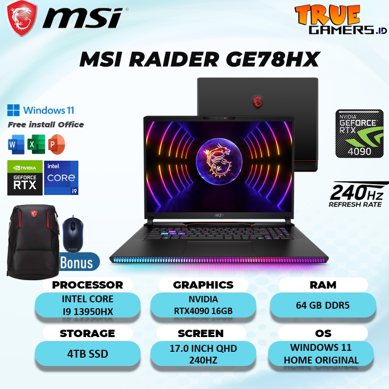 Laptop Gaming Msi RAIDER GE78HX RTX4090 16GB INTEL I9 13950HX RAM 64GB 4TBSSD W11 17.0QHD 240HZ