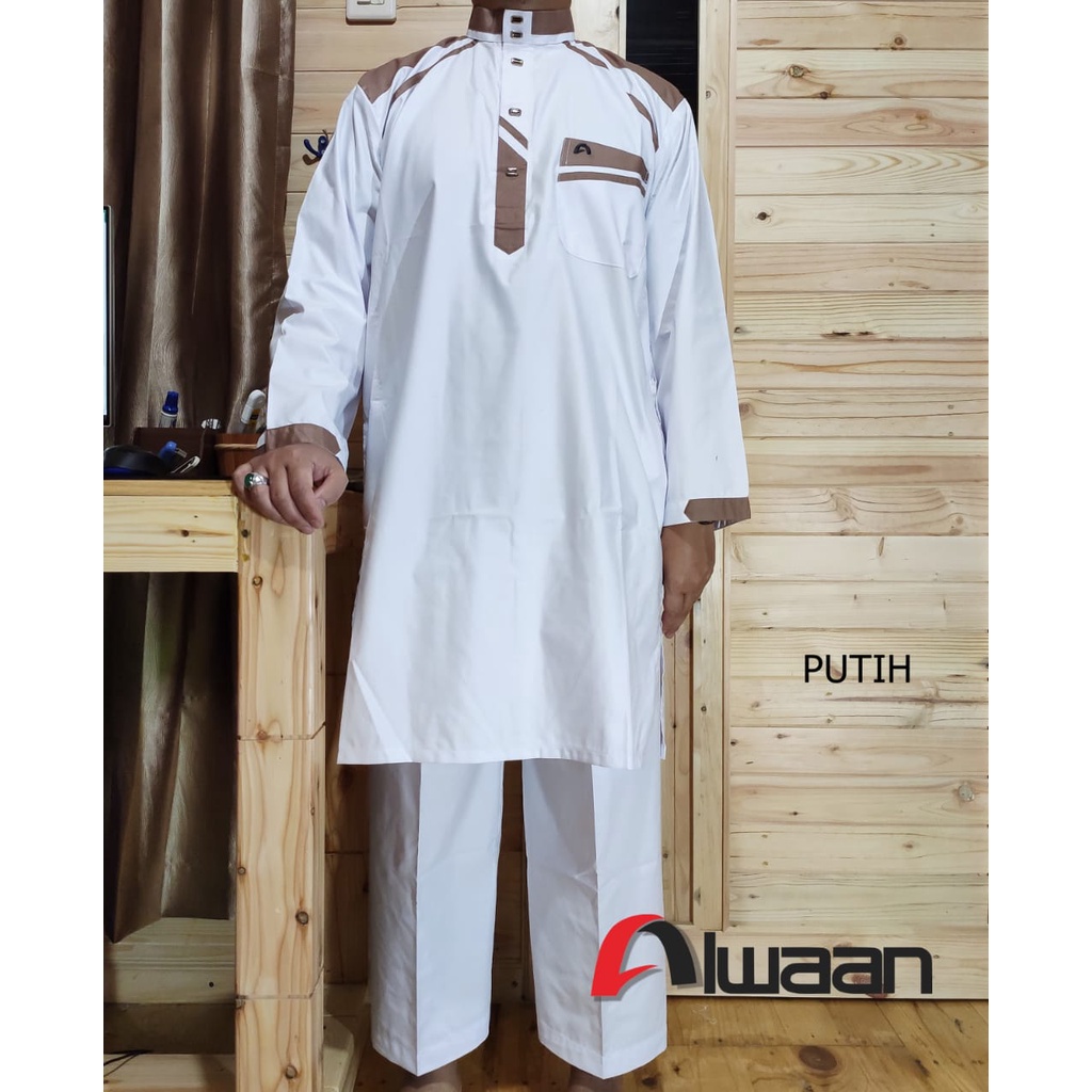 Baju/pakaian muslim pria koko gamis stelan dewasa ALWAAN/ATTALWIN model SD018 warna PUTIH/white