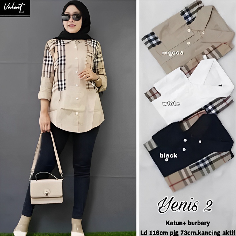 Ramdan Collection | Atasan Kemeja Casandra Kombinasi Katun Burberry Oversize Ukuran M L XL XXL 3XL 4XL Atasan Blouse Wanita Lengan Panjang Jumbo Bigsize Kekinian OOTD Model Korean Style