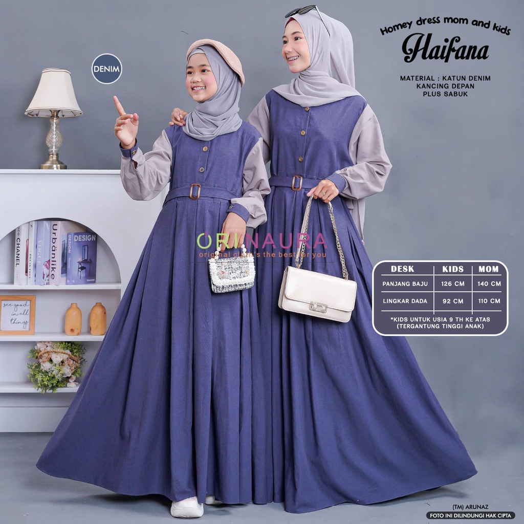 Gamis Ibu dan Anak Perempuan Bahan Katun Denim Polos Lebaran Couple