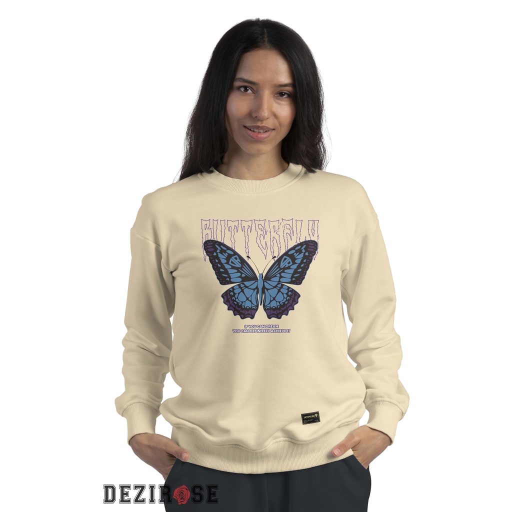 DEZIROSE Sweater Crewneck Butterfly Blue (Sablon) Size M-XXL ( Pria &amp; Wanita )