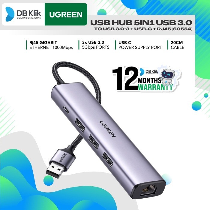 USB Hub 5in1 UGreen USB 3.0 to USB 3.0*3 + USB-C + RJ45 (60554)