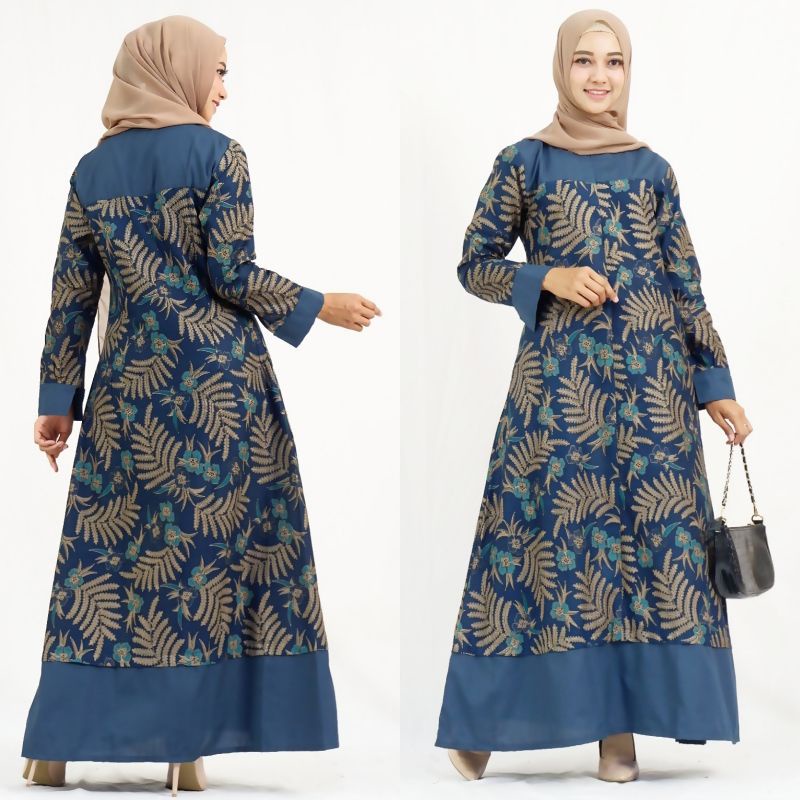 Pabrik Baju Batik Gamis Batik  Athira Biru Merah Keluarga Couple Seragaman Grosir Solo
