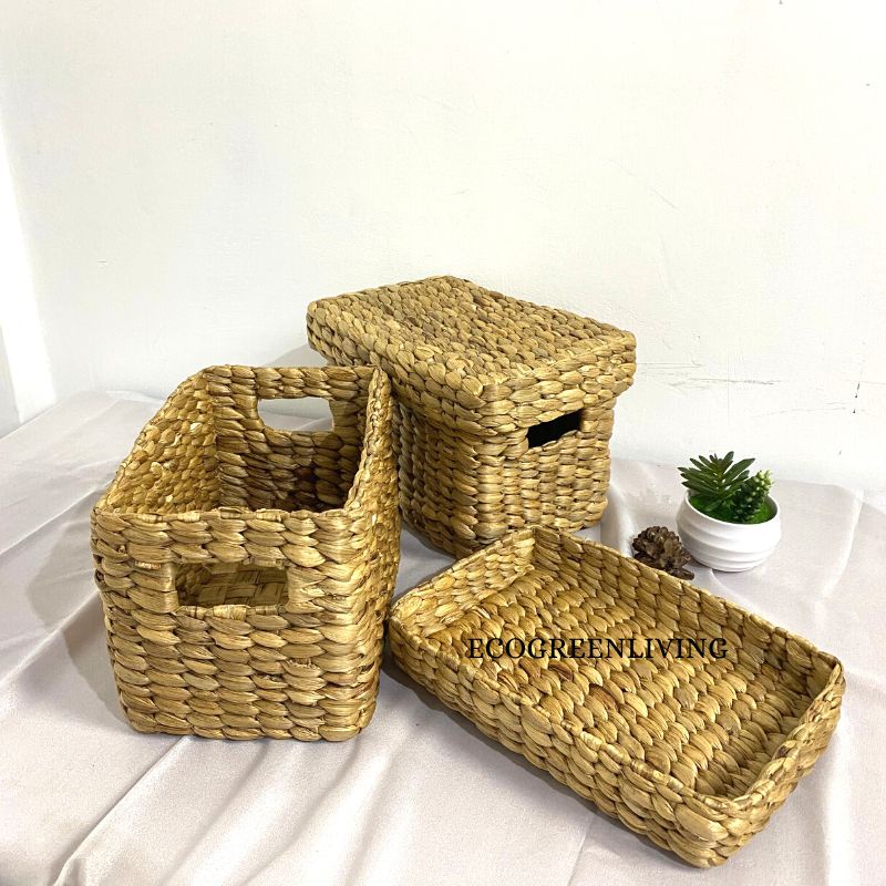 Storage Organizer Basket With Cover / box tutup / keranjang anyaman enceng 26X16X16 CM