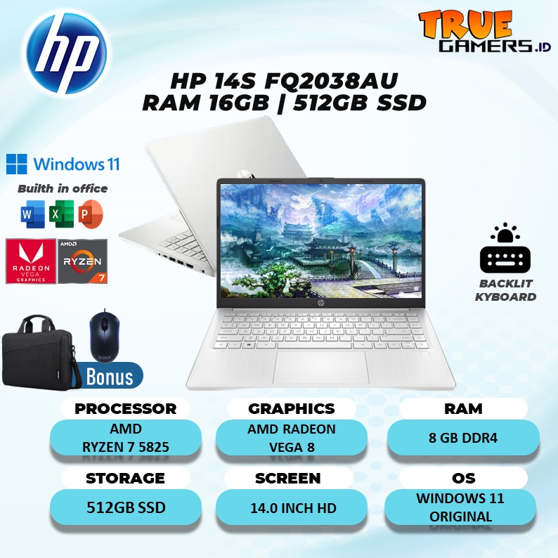 LAPTOP HP 14S FQ2003AU RYZEN 7 5825 16GB 512SSD VEGA8 W11+OHS 14.0FHD IPS BLIT garansi resmi