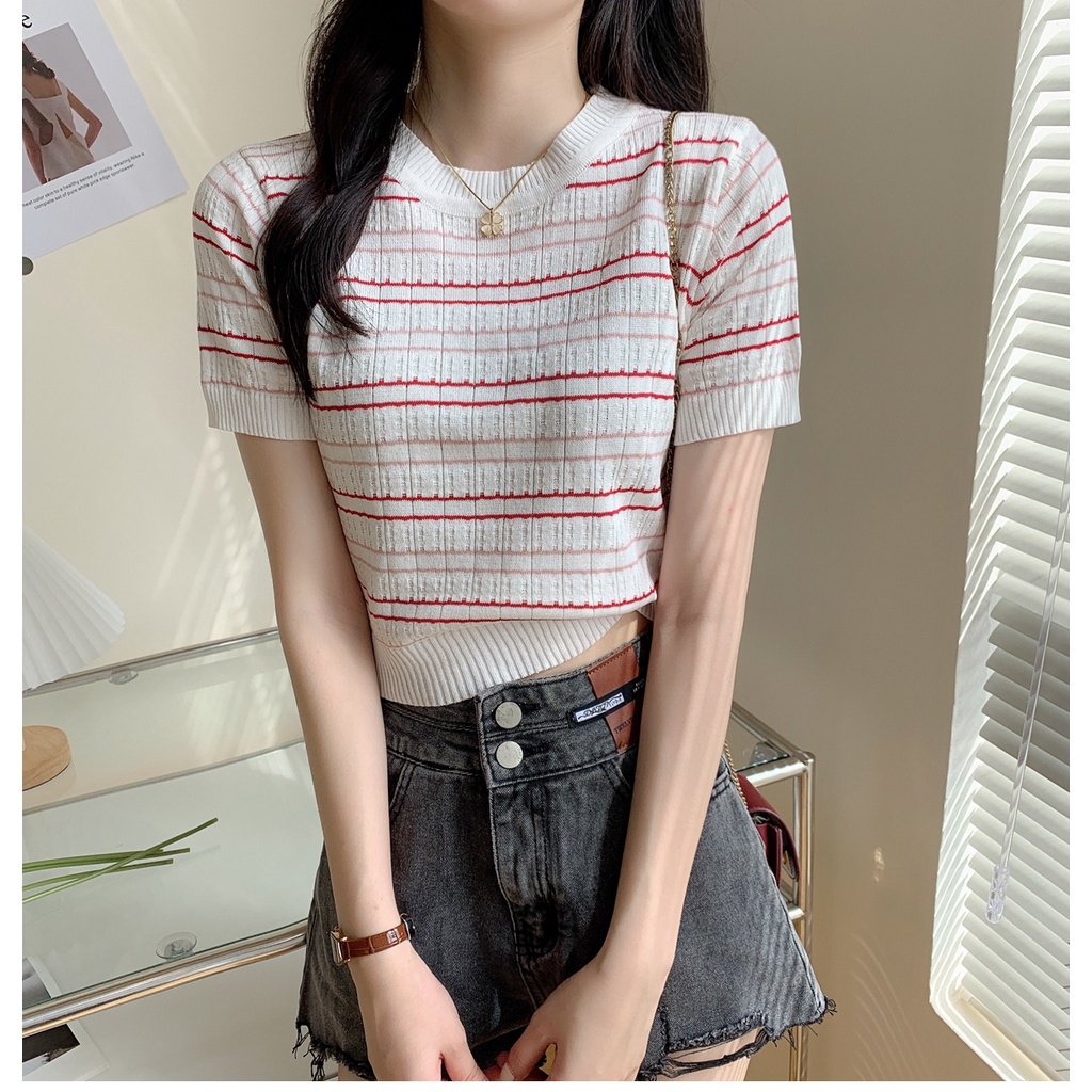 EUNII Korean Style Kaos Rajut Putih T-shirt Lengan Pendek Wanita Knit Baju Atasan