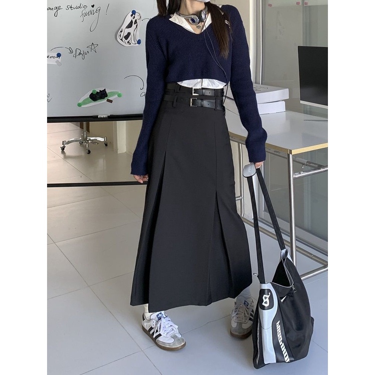 Red Lipit Rok A-line Musim Gugur Versi Korea 2022 Fashion Pinggang Tinggi Rok Panjang Model High-End Setelan Rok Wanita In Tide