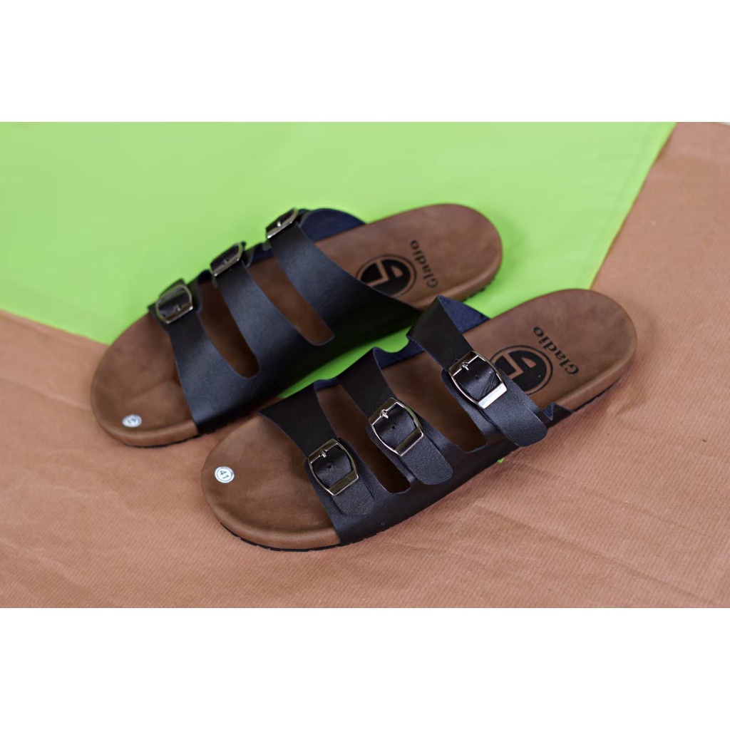 Fatimahshoes Sandal Slide kulit Kasual Santai Fashion Pria Tan Hitam Coklat