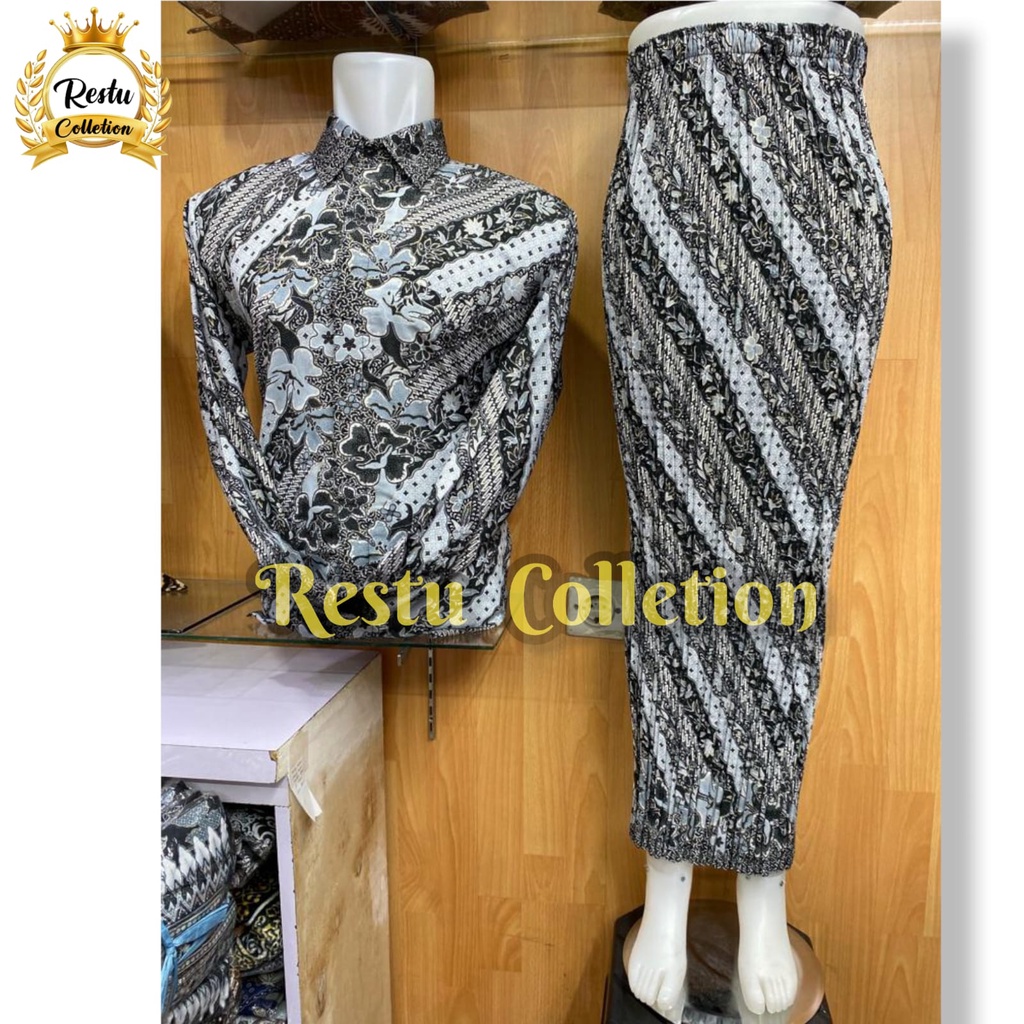 {COD} Restu Colletion Stelan Couple Kemeja Lengan Panjang  Pria Dan Rok Plisket Wanita Motif Laras Abu  Batik Cocok Untuk Acara Nikahan Kondangan Tunangan Wisuda Bawahan Kebaya Kantoran Perpisahan / Acara Besar Lainnya Bahan Premium Bestseller