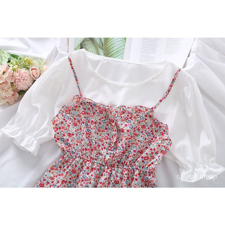 [✅BISA COD] #Sisjuly# Atasan wanita / baru palsu dua potong bunga leher bulat pinggang lengan pendek