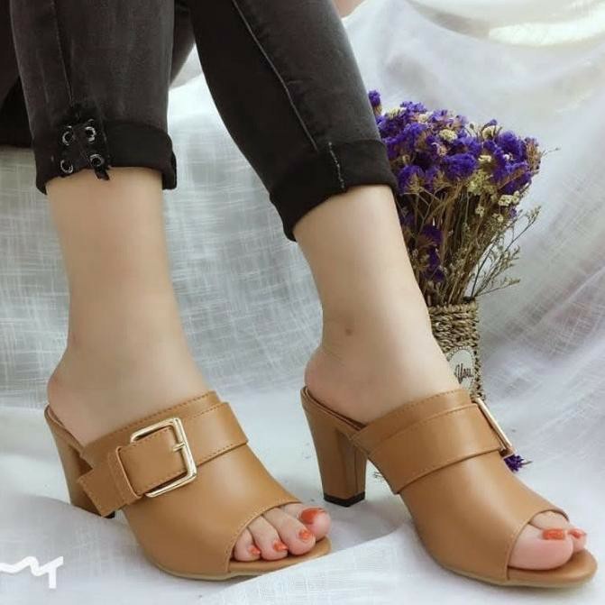 Sepatu Hak Tinggi Sandal Mules Wanita Transparan Terbaru Premium Murah Korea Gesper Kristal Import 7
