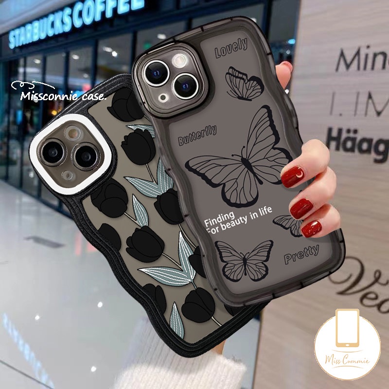 IPHONE Case Kompatibel Untuk Iphone7 8 6s 6 Plus 11 Pro Max12 13 14 Pro MAX XR 14 Plus X XS MAX SE 2020gelombang Tepi Hitam Tulip Daun Hijau Silikon Lembut Back Phone Cover