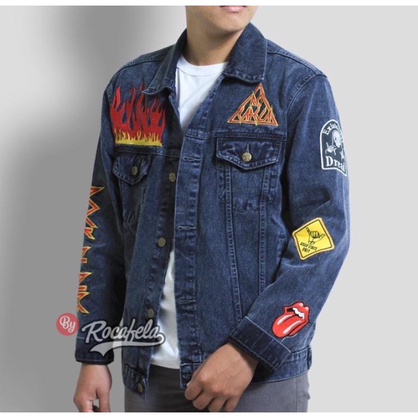 [SIAP KIRIM] JAKET JEANS PRIA BOMBER ROCAFELA FLAME FULL BORDIR ORIGINAL ROCAFELA MOTIF KEREN TERBARU