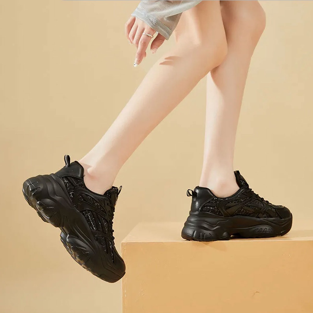 Sepatu Sneakers Wanita Trend Premium Import Korea Hitam Stelan Korea Ando Putih Fashion Casual Terbaru Karet Tinggi Sol 5.5 cm Bahan Kain + Sintetis Karet ST034