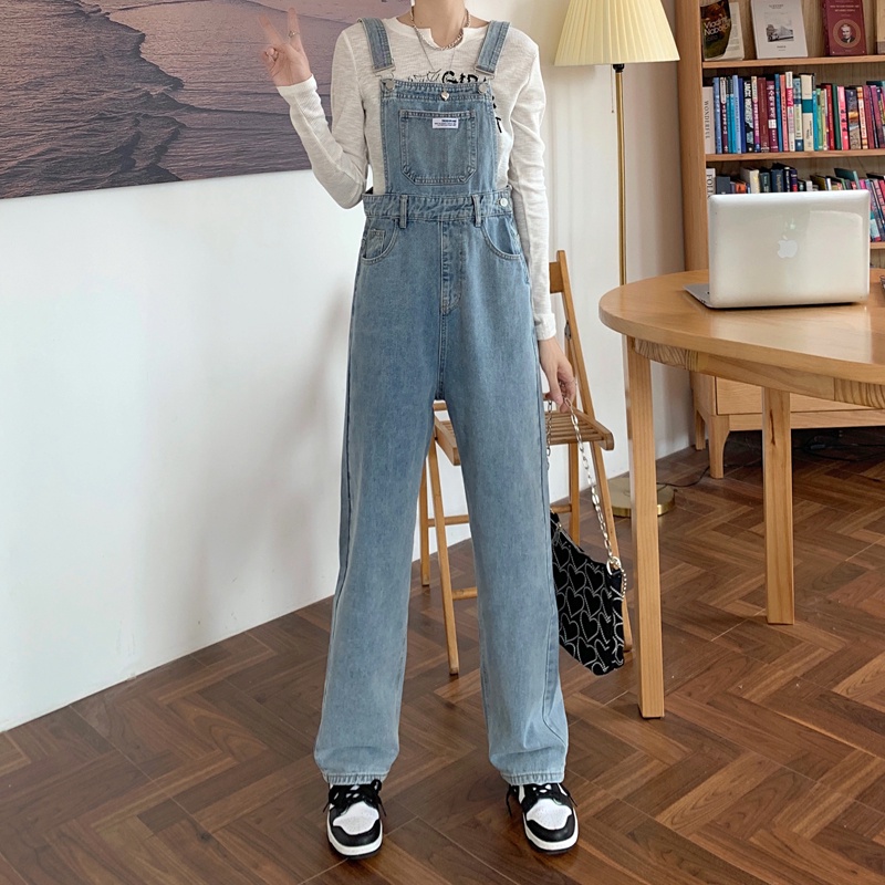 ✅COD Biru muda Overall Kaki Lebar Longgar Pinggang Tinggi Gaya Korea Wanita---Celana Kodok Jeans Wanita