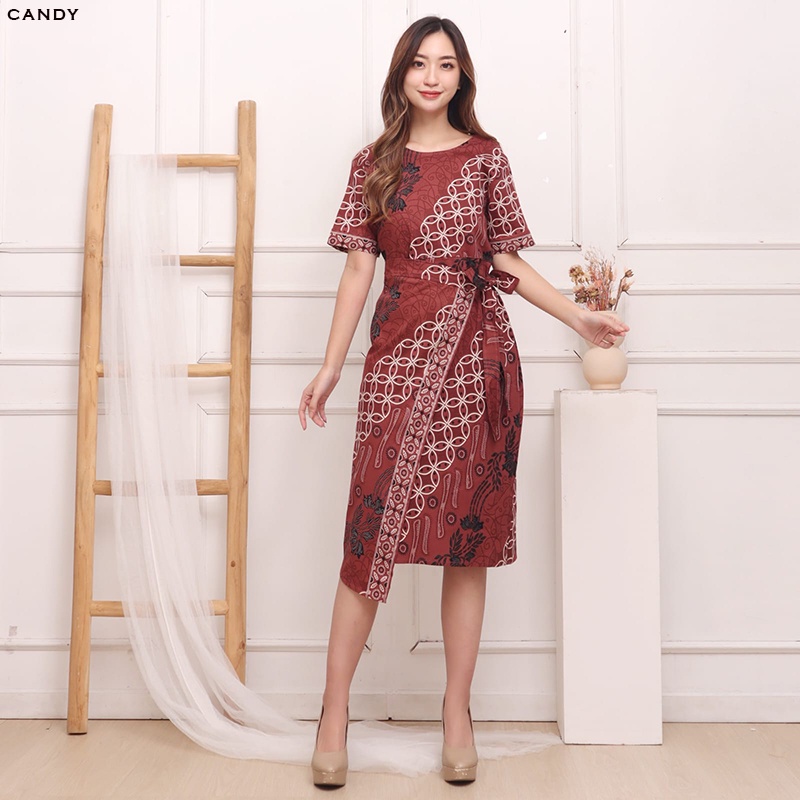 Evercloth Candy Dress Batik Wanita Dress Wanita Jumbo Batik Dress Pita Pinggang Gaun Batik Kerja Terusan