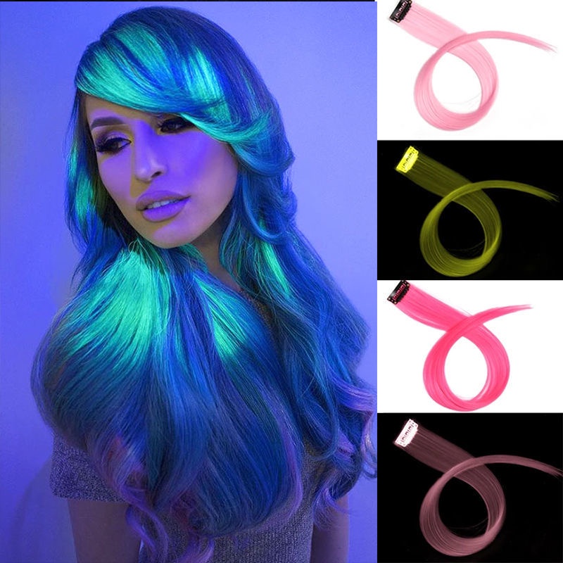 Rambut palsu hair clip glow in the dark panjang pendek sambung wanita untuk anak cewek remaja dewasa perempuan extension warna warni rainbow yang cantik