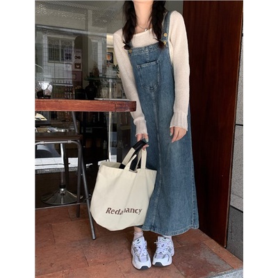 Red Kumikumi biru retro old denim suspender rok wanita musim gugur longgar all-match dress mid-length rok