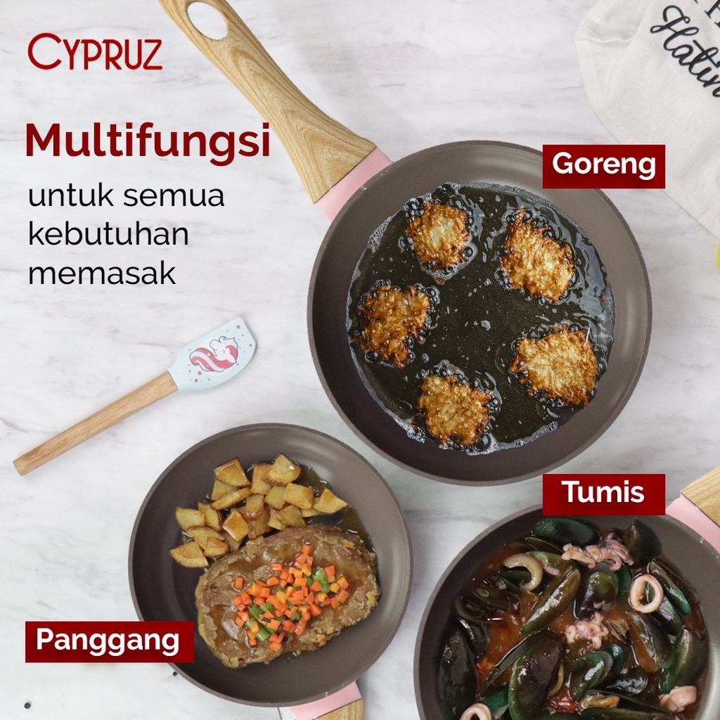 Cypruz Pink Ceramic Series Gagang Putih Kayu Fry Wok Pan