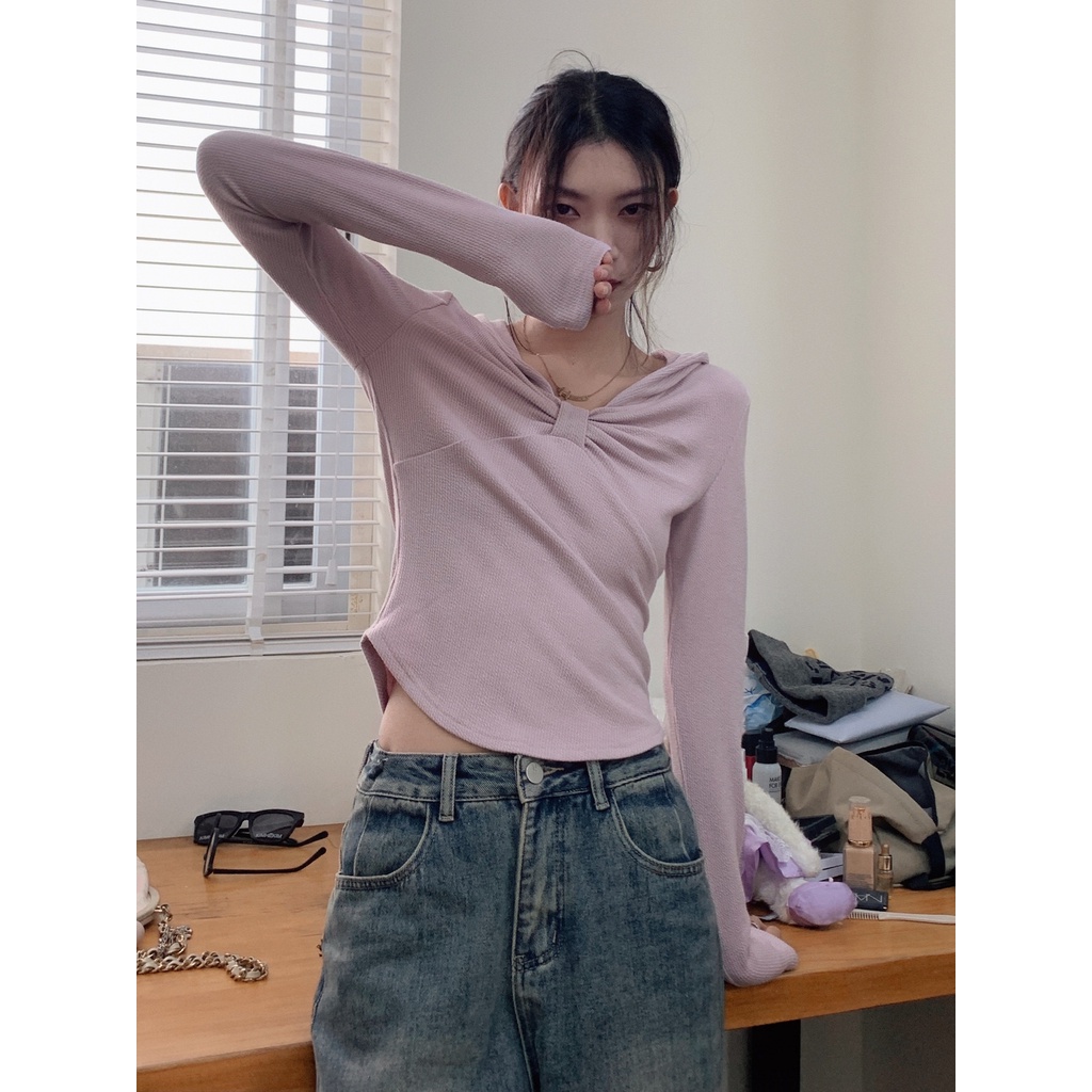 Red Gaya amerika bahu t-shirt pakaian luar berkerudung atasan rajut busur bottoming kemeja slim-fit manis keren lengan panjang musim semi baru