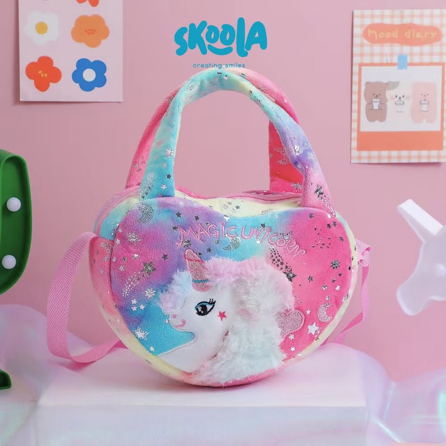 Skoola Tas Anak Perempuan PAUD Remaja Selempang Jinjing Unicorn Rainbow Lucu Bulu Kids Sling Bag Unicorn - Banban