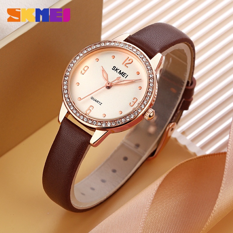 SKMEI 2027 Jam Tangan Wanita Analog Tali Kulit Diamond Case WATCHKITE WKOS