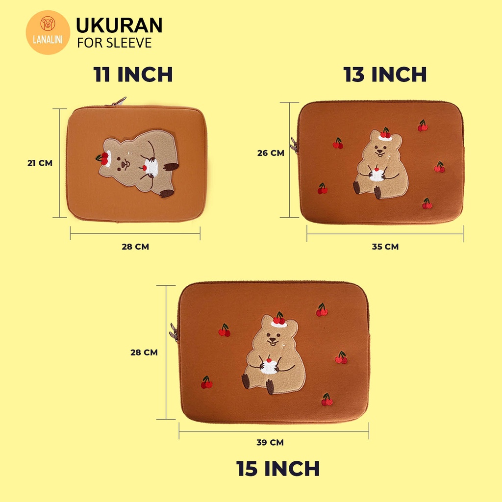 Sleeve Pouch Sarung Tas Bag Case Ipad Tab Tablet Macbook Air Pro Laptop Asus Acer Lenovo HP Huawei 11 12 13 14 15 inch Motif Gambar Beruang Bear Cake Kue Warna Coklat Brown Lucu Cute Murah Korean Model