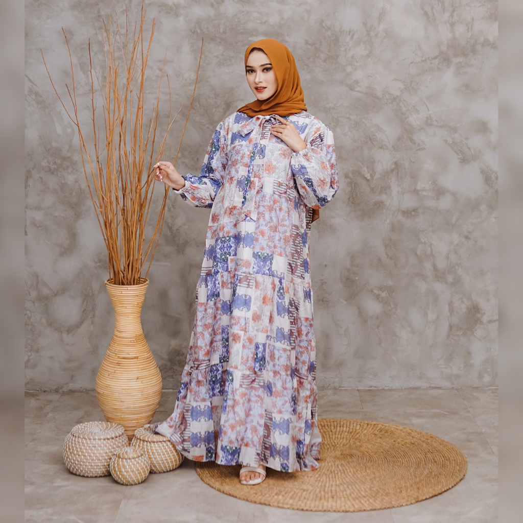 BNL Indonesia - Model Bunga Sacha Gamis Biru Langit Corak - Dress Wanita Bahan Premium Import Variasi Pita Resleting Leher Wudhu Busui Friendly