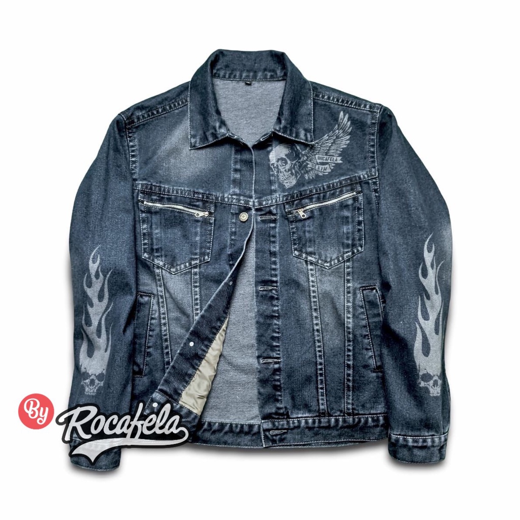 TURUN HARGA ! Jaket Jeans Kerah Sablon Cowok Jaket Denim Rocafela Sablon Discharge Premium