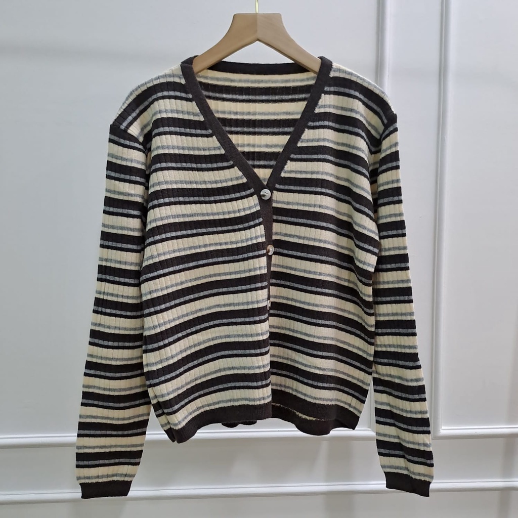 Sarah Cardi Stripes Two Tone - Cardigan Knit Korean Style - Atasan Wanita Rajut Import TM (19874-A)